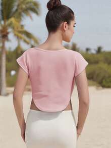 Women's Button Up Crop Top Ribbed Scoop Neck Cap Sleeve Shirt Slim Fit Summer Blouse For Casual Streetwear - 粉色 - 查看 10