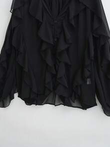 HH 2025 春季女士优雅V领单排扣长袖女式覆膜装饰纯色衬衫 黑色 - 黑色 - 查看 4