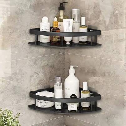 2pcs Corner Shower Rack, Black Bathroom Storage Rack, Large Capacity Wall Mounted, No Drilling Required, Wall Mounted Shower Shampoo Rack, Bathroom Towel Rack, Wall Mounted Triangle Bracket, Stick-On Bathroom Storage Rack, Shower Room Storage Rack