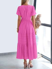 Womens Summer Maxi Dresses Short Sleeve High Waist Tiered Flowy A-Line Boho Bohemian Beach Long Dress Holiday Vacation Beach Valentine Long Dress Outfit - 玫紅色 - 查看 2