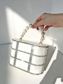 1pc Hollow-Out Rhinestone Decor Party Gala Metal Chain & Pearl Handbag For Women, Detachable