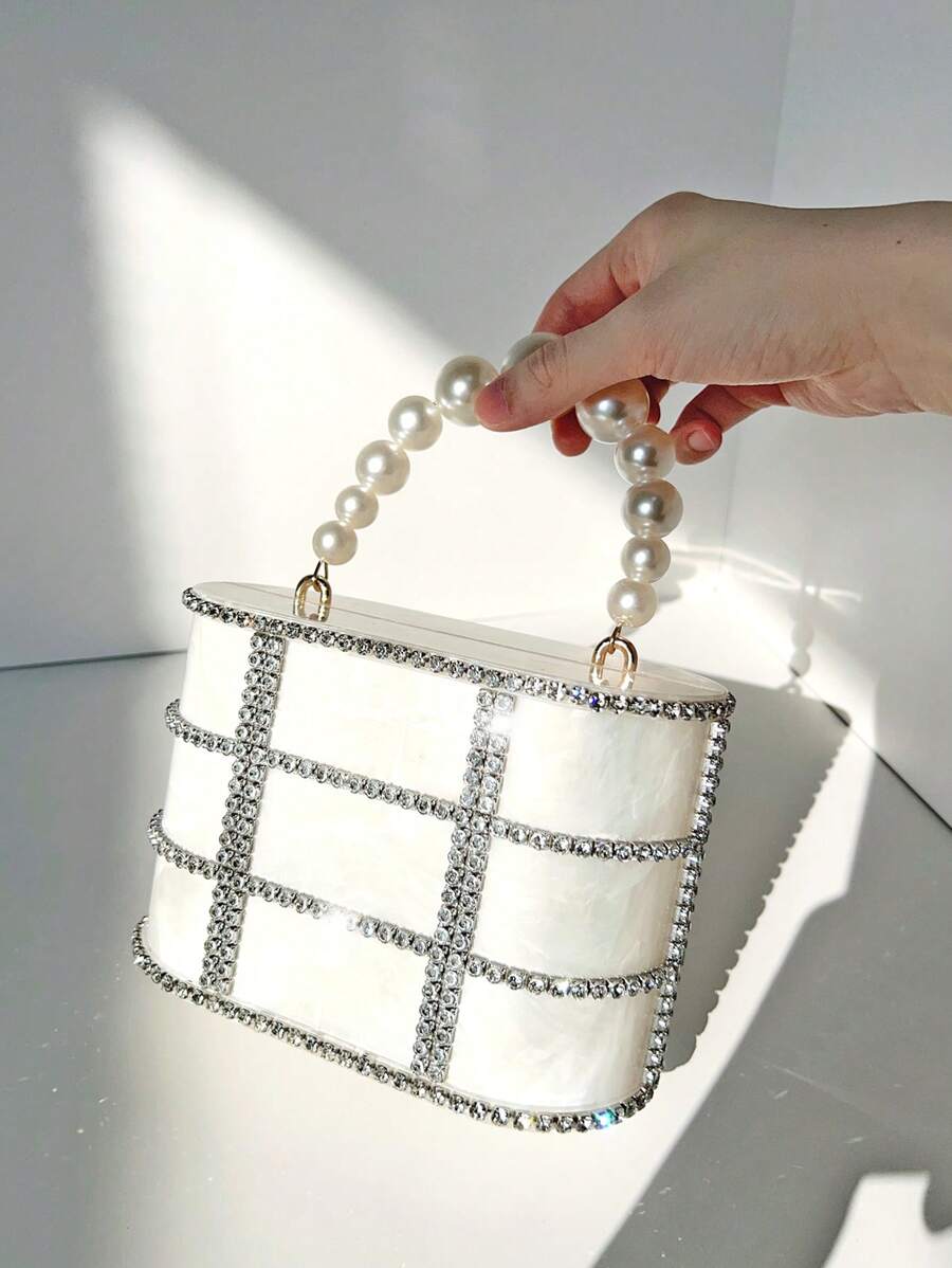 1pc Hollow-Out Rhinestone Decor Party Gala Metal Chain & Pearl Handbag For Women, Detachable