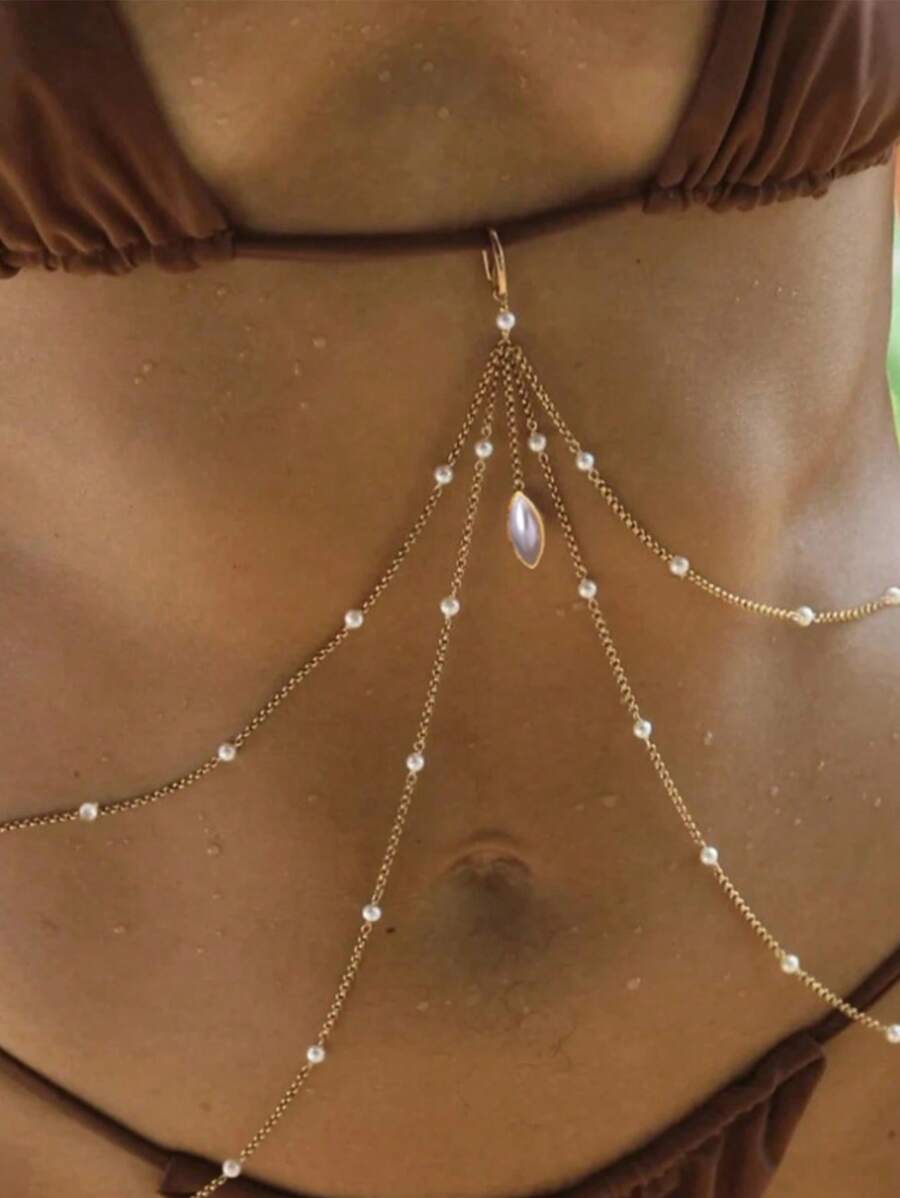 1pc Metallic Sexy Bikini Body Chain Decor With Faux Pearl Delicate Waist Chain, For Nightclub Party Jewelry