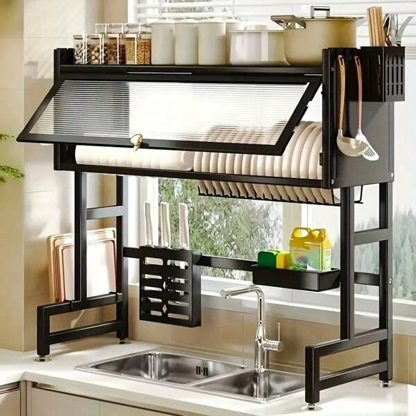 Large Capacity Multi-Functional Dish Rack - Durable Counter-Top Dish Drying Storage Organizer With Knife Holder, Cutlery Cage, And Hooks - Perfect For Kitchen Counter-Top, Organizers, And Storage, Kitchen Accessories For Display