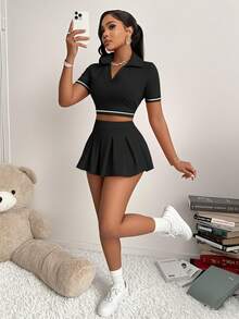 AIJ Amarilo 女款春夏性感两件套，纯色性感辣妹风格紧身上衣和安全裤迷你裙，适合运动、日常生活、网球 - 克色 - 查看 7