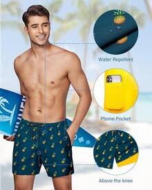 Swim Trunks Mens 5 Inch Inseam Compression Liner Short Men Bathing Suit Lined Swimming Shorts Men's Swim Suits - 鳳梨海軍藍 - 查看 3