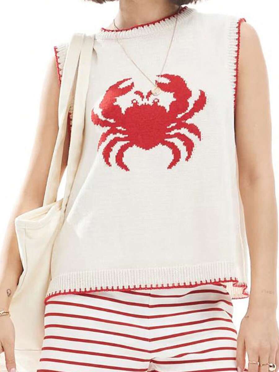 Womens Stylish Ribbed Knit Sweater Vests Cherry Lobster Contrast Hues Sleeveless Crew Neck Slim-Fitting Tank Tops