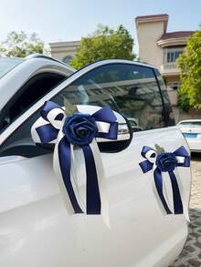 1PC婚车后视镜门把手蝴蝶结装饰欧美复古色车队花，婚礼椅背花车花两用扎花，缎带玫瑰扎花婚庆用品 - 彩色 - 查看 6