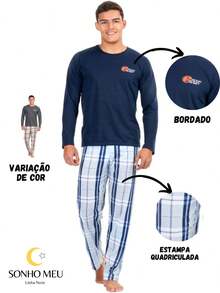 Men's Pajamas Long Sleeve Comfort Sleepwear Winter Elegant Plaid - 藏蓝色 - 查看 3