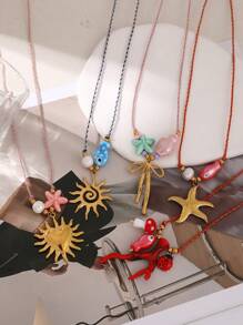 1PC Simple And Fashionable Ocean Style Copper Shell Resin Sea Fish Star Shell Freshwater Pearl Thin Hand Rope Female Beach Vacation Seaside Travel Party Summer Daily Dating Wear, Summer Versatile Models Hand Rope Jewelry Gift For Sisters Mother Girlfriends