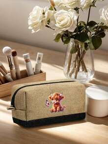 可爱的高地牛主题手提包套装，包括一个手提包和一个黑色零钱包，蝴蝶结豹纹设计高地牛图案，大容量手提包、单肩包、亚麻购物袋、沙滩包；化妆包、指甲油收纳袋