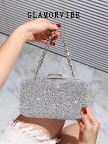 1pc Crystal Decor Evening Clutch Bag For Women, Featuring Gemstone Metal Chain, Shiny Box-Shaped Bag, Perfect For Charming, Bridal Wallet, Wedding, Party, Prom, Nightclub, Birthday Gift, Valentine's Day Gift, Gathering, Crossbody Bag, Handbag, Clutch, Cosmetic Bag