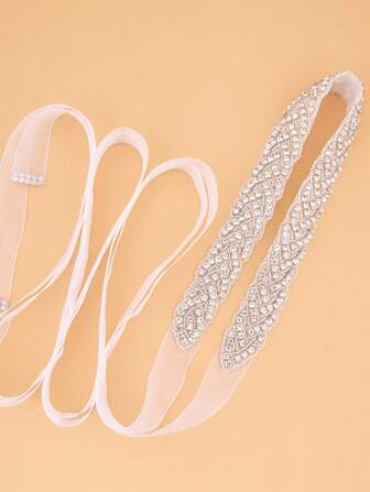 1pc Silver Crystal Floral Decorated Bridal Sash,Rhinestone Wedding Dress Sash With White Organza Tie