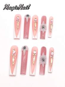 10 Pieces Of Pure Hand-Pressed Wearable Nail, Press On Nails,Nail Supplies,Nails Ptess On,Beach Essentials,55mm-Length Nail Pieces, Flesh-Colored White Dark V-Shaped, Hand-Kneezed Convex Petals With Metal Jewelry Flower Heart, Moon-Shaped Rhinestone