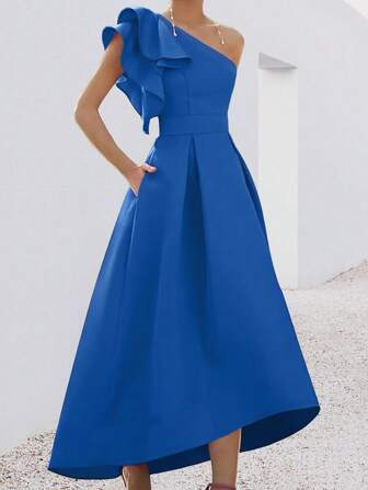 Vestido de noche para mujer con un hombro y bolsillos, vestido de cóctel largo