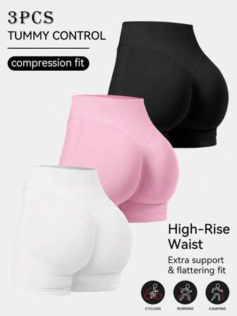 3 件套女士高腰显瘦跑步提臀速干七分紧身裤、瑜伽黑色短裤、健身短裤、跑步短裤、蜜桃提臀运动短裤、收腹短裤、