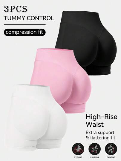 3pcs/Set Women High Waist Lifting Tight 3/4 Leggings, Yoga Black Shorts, Fitness Shorts, Running Shorts, Peach Lifting Sports Shorts, Slimming Shorts