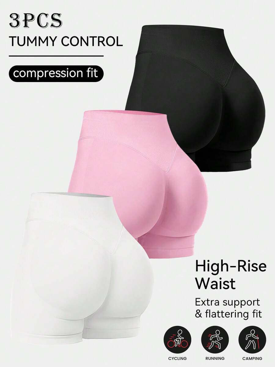 3pcs/Set Women High Waist Lifting Tight 3/4 Leggings, Yoga Black Shorts, Fitness Shorts, Running Shorts, Peach Lifting Sports Shorts, Slimming Shorts - 彩色 - 查看 1