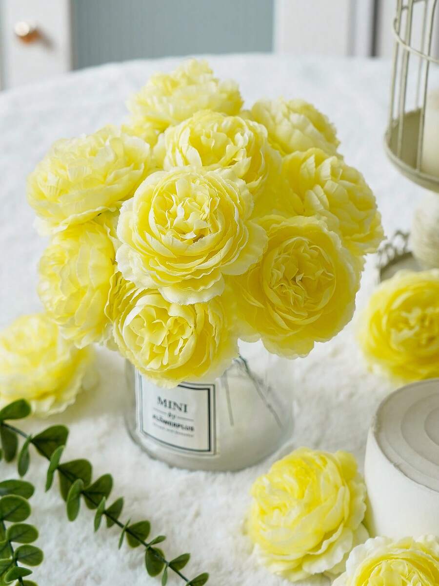 6/12/24pcs Artificial Peony Flowers Simulated Peony Flower Heads With Stems For Wedding Party Decoration, Cake Decoration And Home Living Room Table Centerpieces,Fake Plants,Fall Decor,Room,Desk,Garden Decor,Room Decoration Stuff - Yellow - View 1