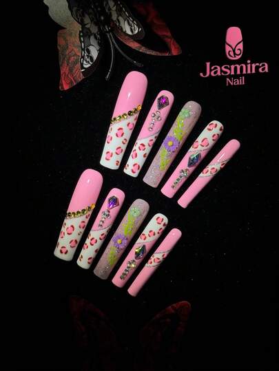 10 Pcs Handmade False Nails, Extra-Long Coffin-Shaped, Pink And White, Fresh And Natural. Pink Leopard Print Elements Are Fashionable And Eye-Catching, Purple Gemstones And Rhinestones Are Dazzling, And Flower Motifs Are Embellished With Green Branches And Leaves Press On Nails Nail Supplies Nails