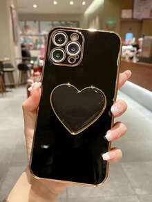 镀金心形支架和镀金手机壳，兼容 17/16e/15/14/13/12/11/XS/XR/X/7/8 Plus/Pro Max、Galaxy S25/S24U/S23/A55/A54/A35/A25/A15/A16/A17/A07，电镀保护壳 - 黑色 - 查看 3