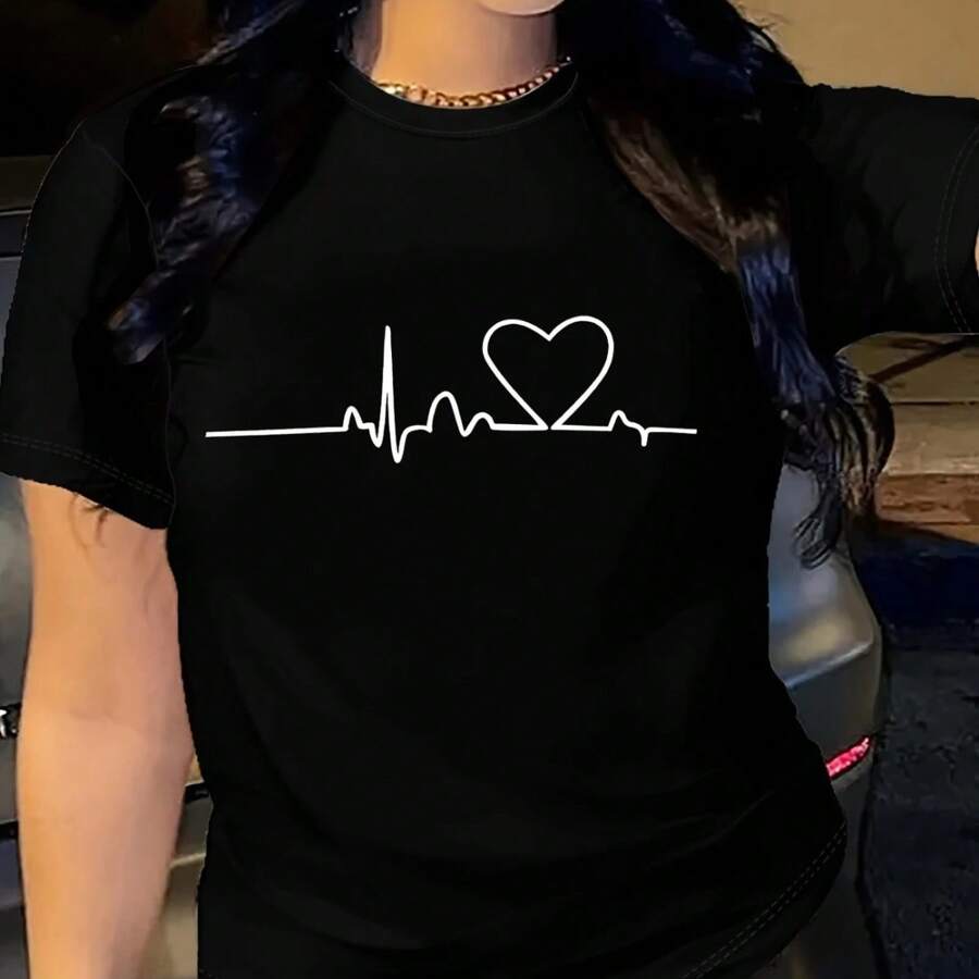 Women's Short Sleeve Printed Cotton T-Shirt - 黑色 - 查看 1