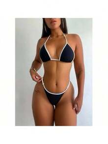 Biquini Fita Marquinha Feminino Regulagem Bronze Verão Carnaval Moda Praia Conjunto - Bicolor Preto - Visão 3
