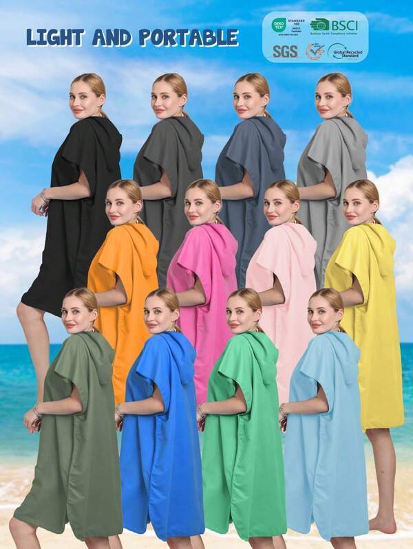 SHENG CHUN 1 Stück ultraleichte Veloursledermantel mit Kapuze, 12 Farben, unisex Partnerstil, tragbare ärmellose Robe mit Druckknöpfen für Outdoor, wasserabsorbierend, schnelltrocknend, weich für Schwimmen, Fitness, Reisen, Strand, Surfen, Tauchen, Schulanfang