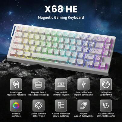  Teclado de juego con cable ATTACK SHARK X68 HE 60% Activación rápida, punto de activación ajustable, interruptor magnético con frecuencia de sondeo de 8K, teclas PBT para PC gamer/Win, teclado mecánico RGB con cable enrollado, regalo de Navidad, Año Nuevo 2026, edición Navidad - Blanco/Contorno negro/Noche de luna