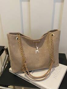 1pc Polyester Deer Pattern Decorative Large Capacity Zipper Shoulder Tote Bag, Suitable For Women's Daily Use - Khaki - View 2