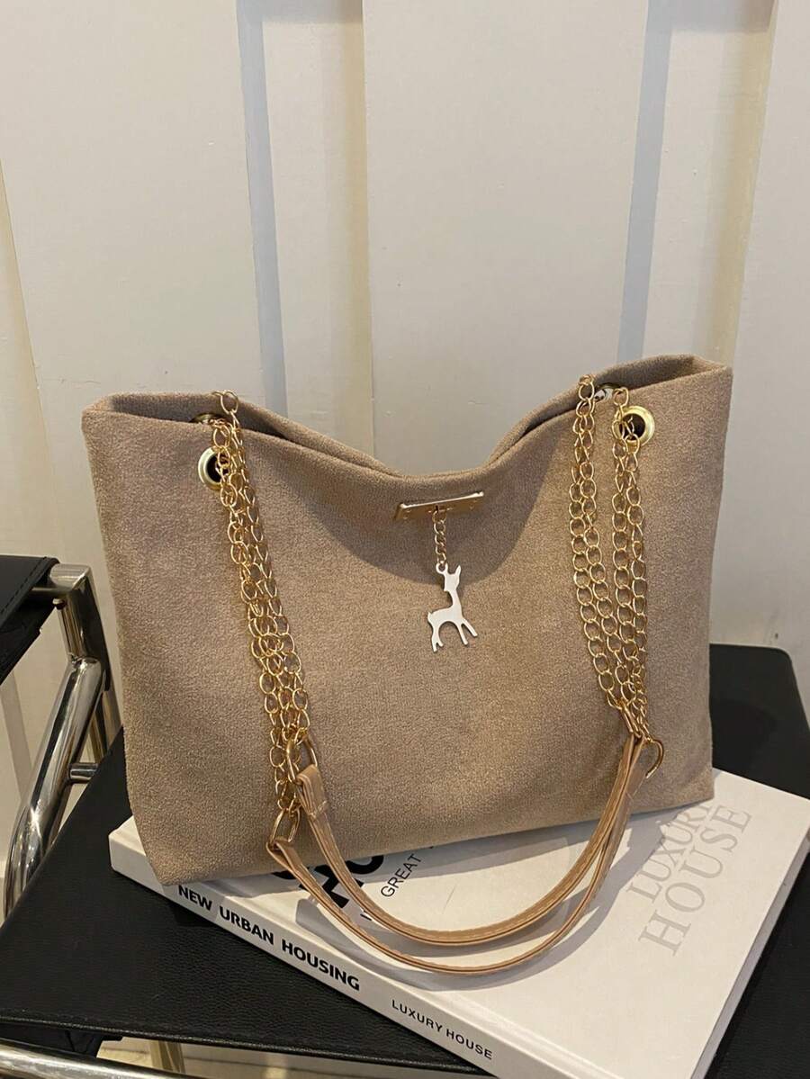 1pc Polyester Deer Pattern Decorative Large Capacity Zipper Shoulder Tote Bag, Suitable For Women's Daily Use