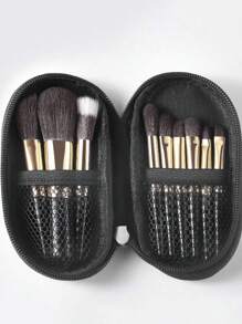 9 Peças Mini Conjunto de Pincéis de Maquiagem, Kit de Viagem Portátil, Adequado para Iniciantes, Pincéis de Pó e Contorno com Nécessaire Preto