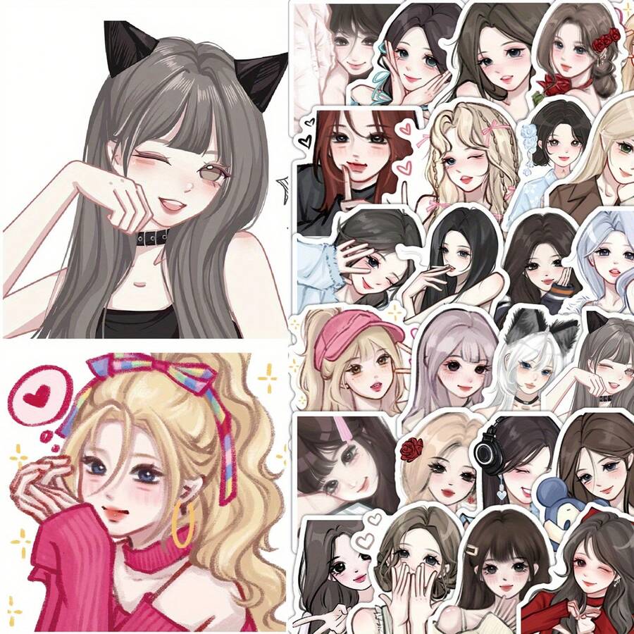 66pcs Anime Stickers - 60pcs Cute Anime Girl Stickers | Cartoon First Love Girl Stickers, Suitable For Phone Cases, Desktops, Cups, Glass And Other Decorations - Mixing Colors - View 1