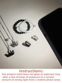 ATLVXJL 6pcs/Set Luminous Couple/Friendship Crown 3D Stainless Steel Chain Glow Magnetic Heart Necklace Bracelet Ring Set, Casual Jewelry Suitable For Daily Wear And Valentine's Day Gift