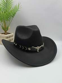 1.男士帽子黑色礼帽，中性复古风格帽子，公牛形装饰，适合日常休闲装，西部牛仔派对，酒吧休闲装，休闲聚酯纤维（涤纶） - 彩色 - 查看 4