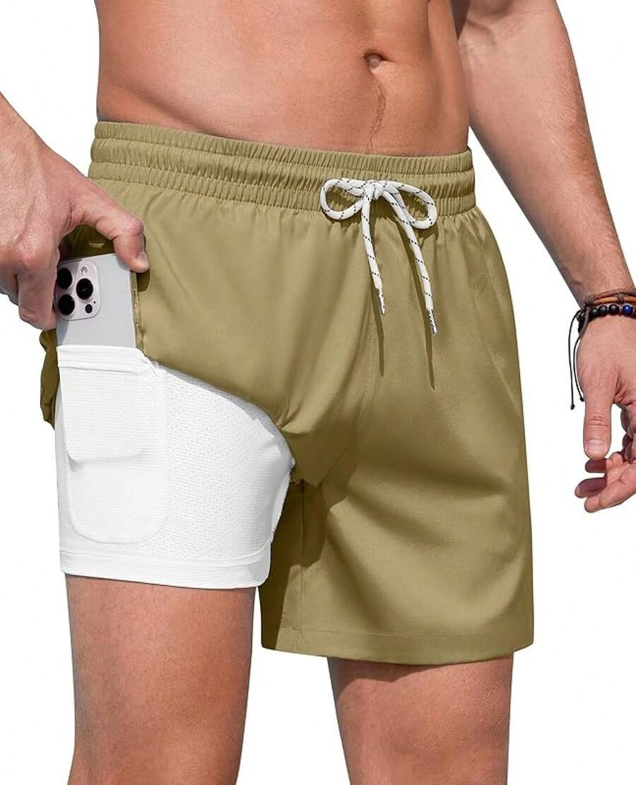 Mens Swim Trunks With Compression Lined Short Bathing Suits For Men 5 Inch Inseam Liner Men's Swimming Trunk - Khaki - View 1