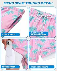 Bañador de hombre con forro de compresión, pantalón corto de baño de 5 pulgadas de entrepierna para hombres - Palma rosa - Ver 4
