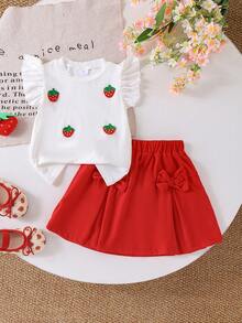 Set de 2 piezas de parte superior con mangas tipo casquillo con estampado de fresa + falda de pana con lazo, estilo casual de verano para niñas - Rojo - Ver 2