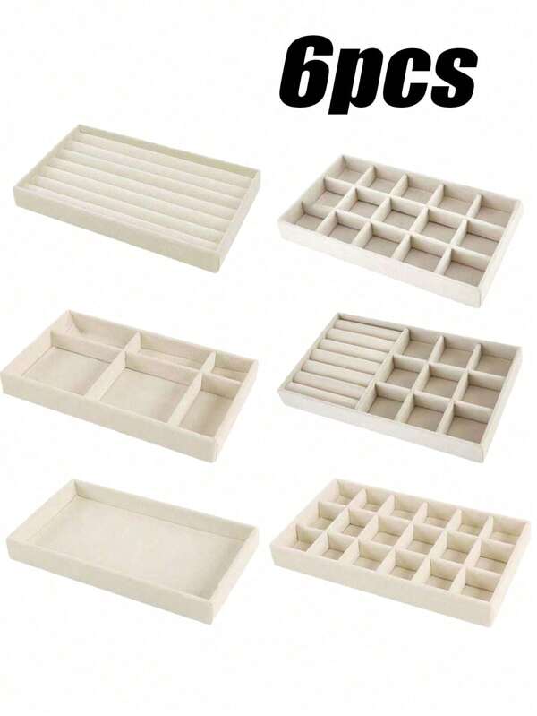 6-In-1pc Velvet Jewelry Display Trays, Large Capacity Jewelry Organizer Tray, Separate Compartment Jewelry Holder, Minimalist Multi-Slot Jewelry Stand, Jewelry Storage Tray, Stackable Drawer Tray, For Earrings, Necklaces, Bracelets, Anklets, Rings, Hair Clips, Headbands