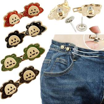 1/2 件升级版平底牛仔纽扣，适用于宽松牛仔裤和裤子，裤腰收紧器，可调节无缝腰带纽扣针 - 狮子形状