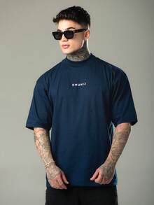 DMUNIZ Oversized Streetwear Turtleneck Printed Chest T-Shirts Kit 2 - 白色/海軍藍 - 查看 3