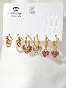 Kit Of 3 Earrings Studded With Zirconia Stone, Small Hoop, Heart Pendant, 18k Gold Plated And 925 Silver - 46 - 查看 1