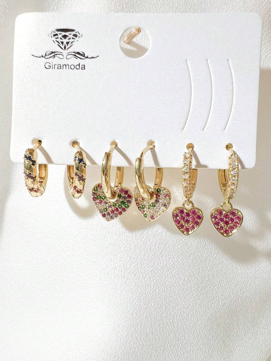 Kit Of 3 Earrings Studded With Zirconia Stone, Small Hoop, Heart Pendant, 18k Gold Plated And 925 Silver - 46 - 查看 1