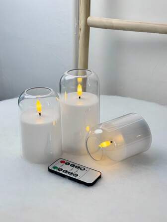Set de 1/3 velas sin llama operadas con baterías con control remoto, Set de 3 velas acrílicas LED con llama 3D, luces de velas parpadeantes para decoración de fiestas de verano, regalo de boda