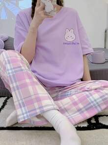 Teenager Girls Short Sleeve Top And Pants Set, Cartoon Rabbit Print Crew Neck Summer Outfit