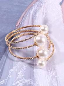 1 pièce Bracelet Manchette avec 3 rangées de perles et de strass sertis, Bracelet polyvalent en cristal