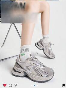 米色运动鞋女鞋2024新款厚底运动鞋女款舒适时尚跑步鞋休闲运动鞋女户外鞋女鞋透气网眼 - 灰色 - 查看 7