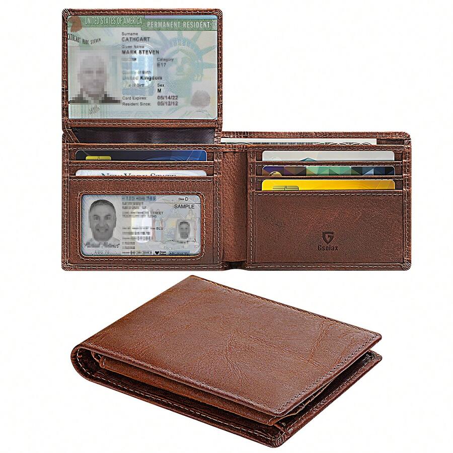 GSOIAX Premium Men's Handcrafted Vintage Crazy Horse Leather Bifold Wallet - 11 Card Slots, 2 ID Windows, 2 Cash Pockets, RFID Blocking - Perfect Gift For Him - 棕色 - 查看 1