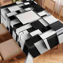 Geometric Printed Polyester Tablecloth, Rectangular, Black, White And Gray Plaid Design, Woven, Durable, Suitable For Dining Tables And Coffee Tables, Suitable For Holidays, Modern Table Accessories, Monochrome Decor, Smooth Texture - Black - View 5