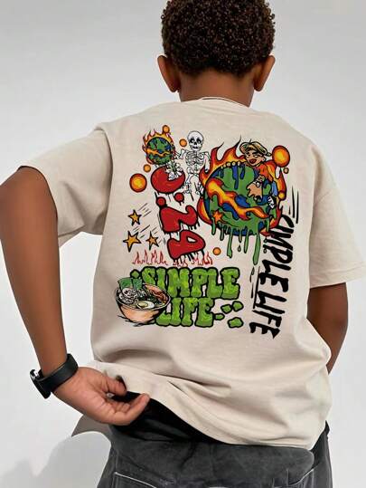 Boys & Teen Students Casual Printed Round Neck Short Sleeve T-Shirt, Summer Top